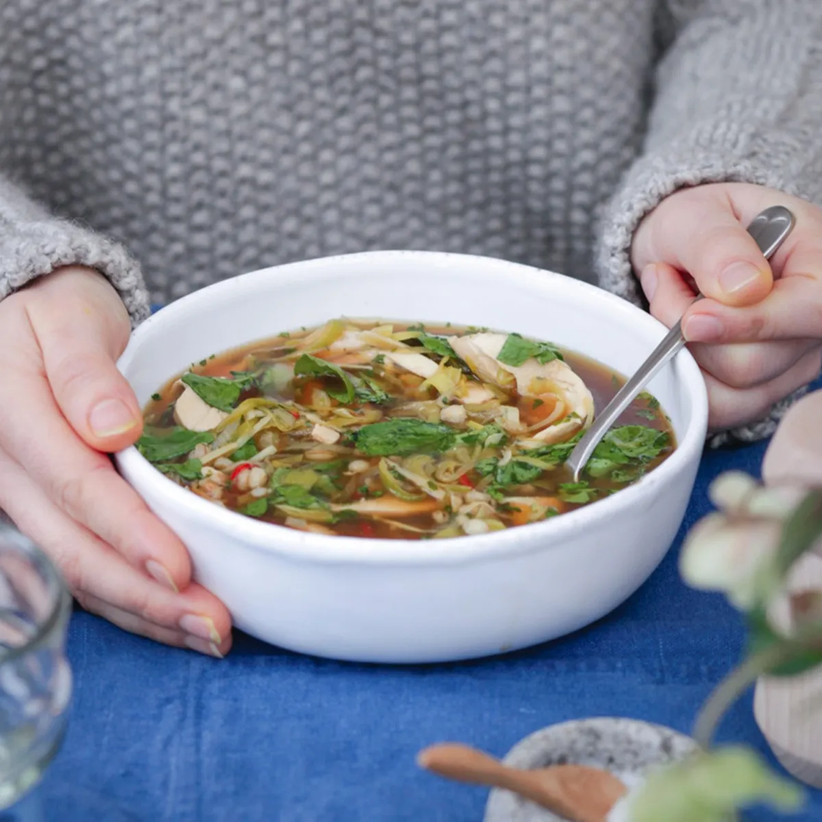 Comforting Chicken Broth with Pearl Barley, Ginger & Watercress 