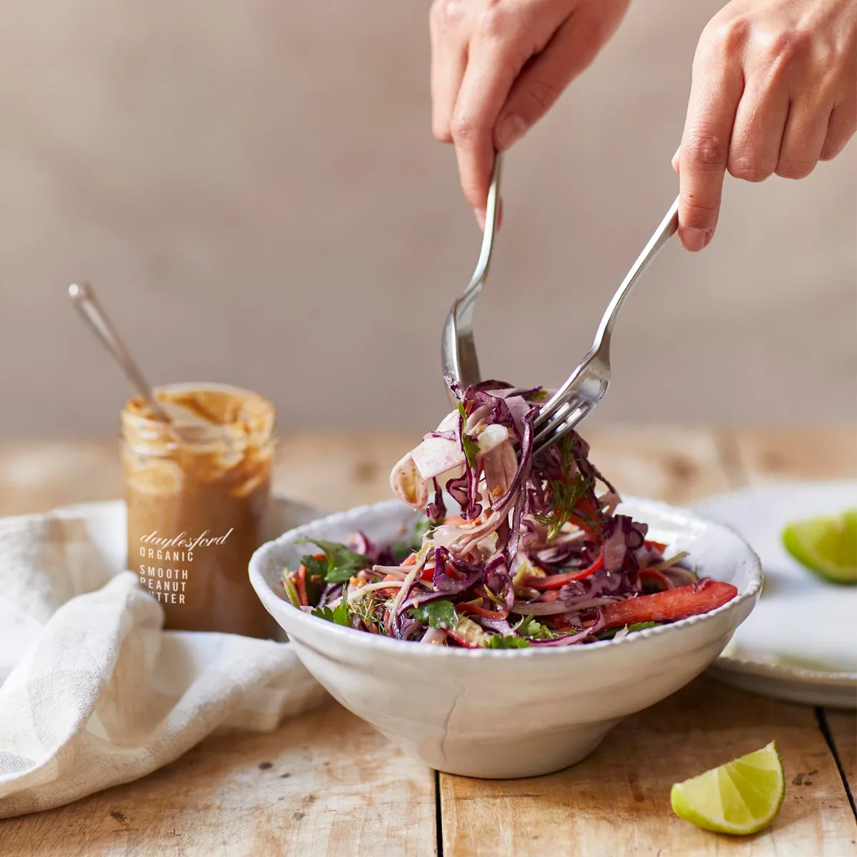 Asian-inspired Slaw with Peanut Butter, Soy & Lime Dressing 