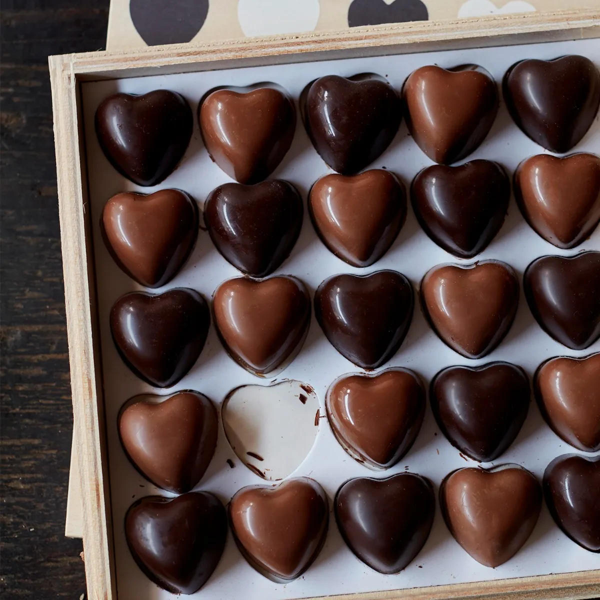 Milk & Dark Chocolate Sea Salt Caramel Hearts Wooden Box