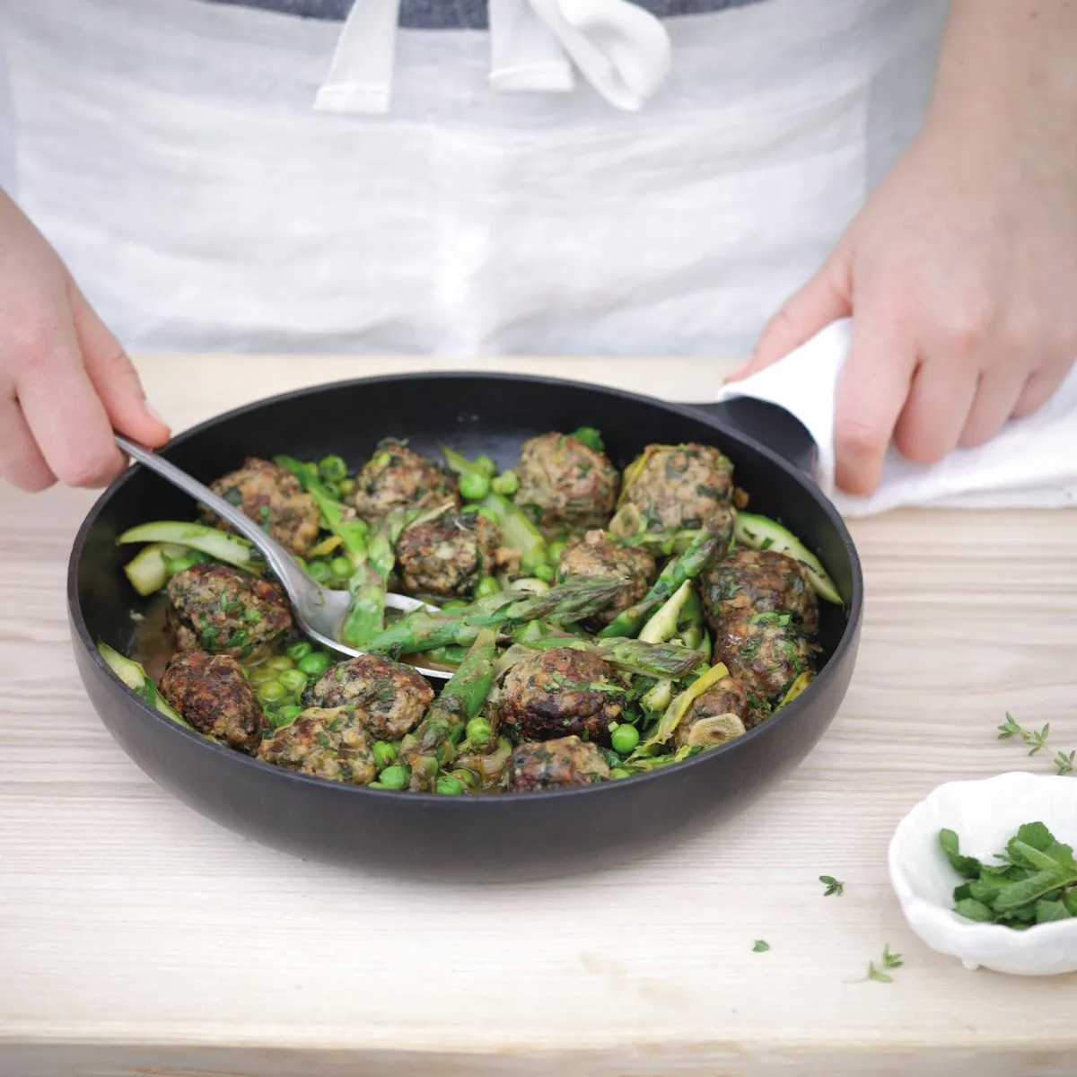 Minted Lamb Meatballs with Fresh Peas & Asparagus 